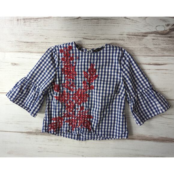 Zara Woman Gingham Embroidered Statement Flare Sleeve sz Small - Picture 1 of 6